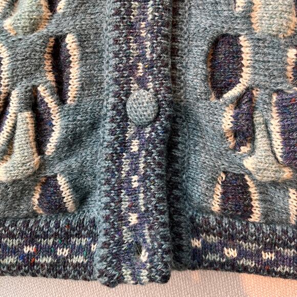 Bebhinn Marten Irish Wool Cardigan Sweater Green Blue Diamond Knit Made Ireland - Picture 9 of 13